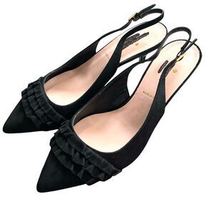 Kate Spade Black Suede Slingback Kitten Heels 8.5 Pointed Toe Double Ruffle NWOT
